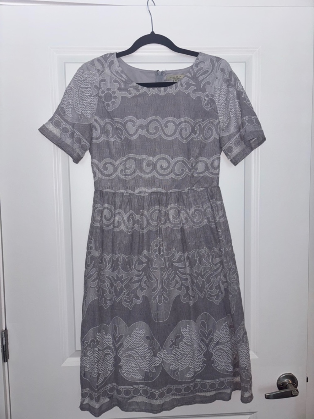 Polagram Gray Short Sleeve Midi Dress with Lace Pattern
